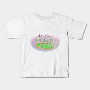 Del Coco watercolor Island travel, beach, sea and palm trees. Holidays and vacation, summer and relaxation Kids T-Shirt